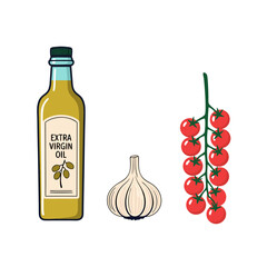a bottle of extra virgin olive oil next to a bulb of garlic and a vine of fresh cherry tomatoes on a clean white background for culinary or healthy eating