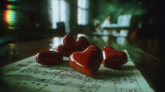 A Charming Display of Red Heart-Shaped Candies Resting Elegantly on a Sheet of Musical Notation in a Softly Lit Environment