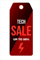 Bold red tag promoting tech sale with discount lightning on white background.
