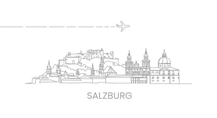 Fototapeta premium Salzburg Cityscape Outline with Plane.