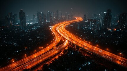 Obraz premium City skyline at night with bright orange traffic trails on highways.