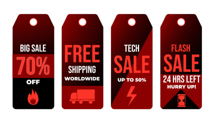 Red sale tags highlighting discounts and offers for online shopping.