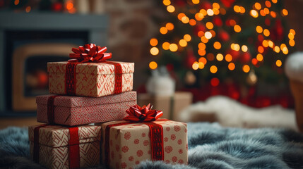 stack of colorful gift boxes marked for donation in cozy home interior, holiday lights, giving spirit,