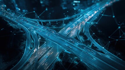 Futuristic highway interchange with glowing digital network, representing connectivity, transportation, and modern infrastructure