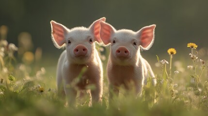 Obraz premium Two Adorable Piglets in a Blooming Meadow with Sunlit Background