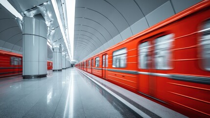 Obraz premium Vibrant Red Subway Train Arriving at Station Platform with Motion Blur - Urban Transit