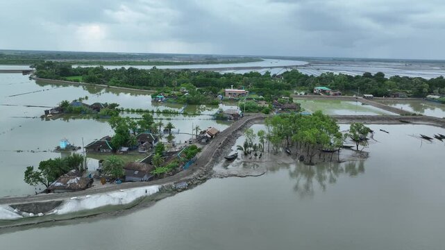 Aerial 4K Landscape of Dacope Khulna: River, Village, and Lush Green Vegetation in Bangladesh