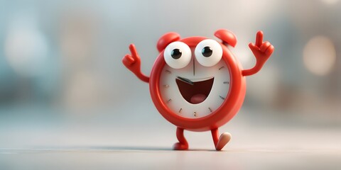 Cheerful Red Alarm Clock Character with Playful Expression in Focus