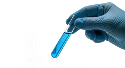 Hand in blue glove holding test tube with blue liquid isolated on transparent background