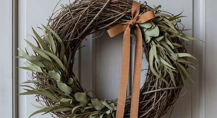 A rustic grapevine wreath decorated with dried eucalyptus leaves and a tan ribbon on a white door.