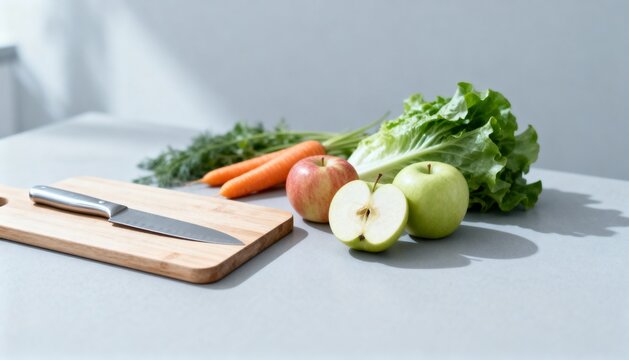 Fresh Produce Arrangement Featuring Apples, Carrots, and Lettuce on Cutting Board Preparing for Meal - Powered by Adobe