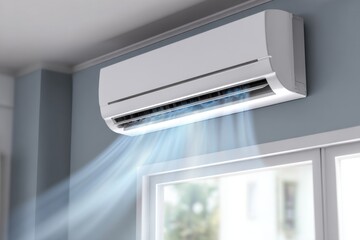A modern white wall-mounted air conditioning unit actively cools a room, expelling visible chilled air over a window against a light blue wall, ensuring indoor comfort.