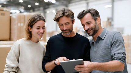 Startup team discussing logistics on tablet in warehouse