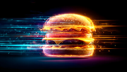 Neon Glowing Burger: Futuristic Fast Food Marketing Concept. Vibrant Luminous Hamburger with Dynamic Light Trails on Dark Background. Innovative Visual for Modern Restaurant Advertising