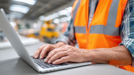 Close-up of a worker in an orange safety vest and plaid shirt typing on a laptop in an industrial setting, focused on their work.