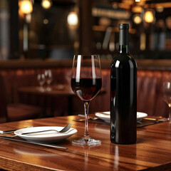 There is a glass bottle of wine and a glass of wine on the table in the restaurant