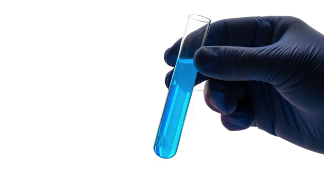 Hand in blue glove holding test tube with blue liquid isolated on transparent background