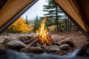 A warm campfire burning brightly in a stone ring, viewed from inside a tent, with a backdrop of autumn trees and evergreens under an overcast sky.