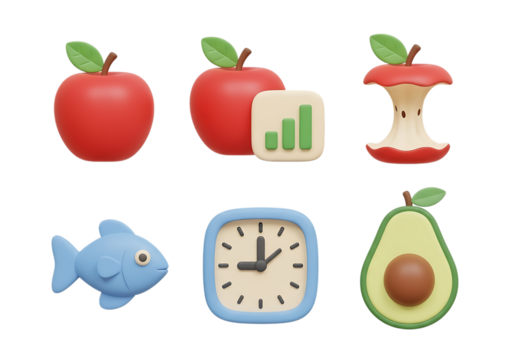 3d icon of assortment of colorful 3d rendered icons featuring fruits, fish, clock, and graph, isolated on transparent background
