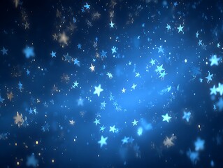 Obraz premium Cartoon background of glowing white stars in dark blue night sky with simple cute animation style, various sizes and shapes, light outlines, dreamy depth, perfect for children holiday design.