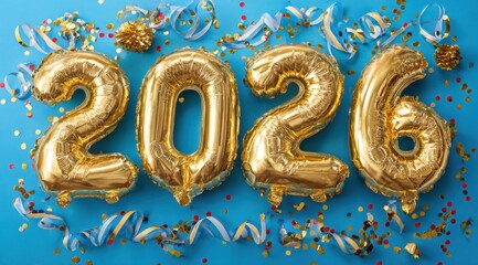 Celebratory Scene Featuring Shiny Gold Balloons Spelling Out 2026 Surrounded by Colorful Confetti and Streamers on a Bright Blue Background
