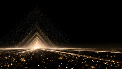 Abstract Marketing Background: Golden Particle Wave with Central Triangle. Dynamic Road Perspective and Cascading Luminous Elements on Dark Canvas