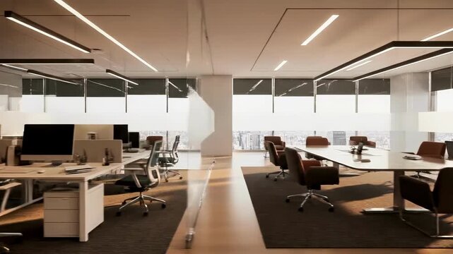 Modern office transition: dynamic shift from workstations to conference area in sunlit loft