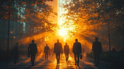 Fototapeta premium Silhouettes of professionals walk through a misty urban street bathed in golden sunlight