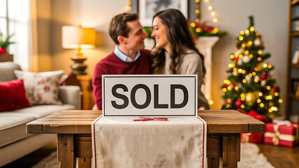 Happy couple celebrating new home purchase with sold sign in cozy christmas living room  
