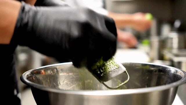 Chef grating ingredients in professional kitchen with intense focus and precision