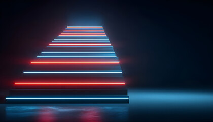 Vibrant 3D Rendered Neon Staircase on Dark Background: Creative Abstract Commercial Design with Glowing Red and Blue Color Scheme. Futuristic Concept for Advertising