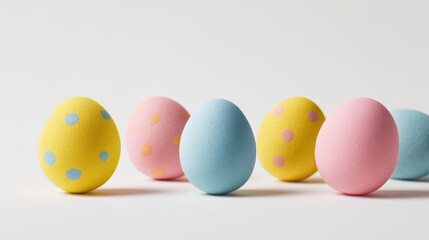Fototapeta premium Pastel Easter Eggs in a Row, Colorful Holiday Decoration Against White Background for Festive Celebration
