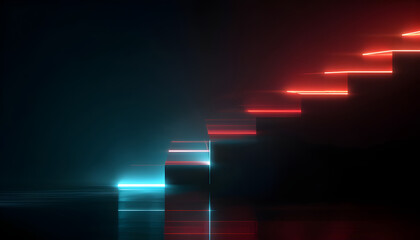 Vibrant 3D Rendered Neon Staircase on Dark Background: Creative Abstract Commercial Design with Glowing Red and Blue Color Scheme. Futuristic Concept for Advertising