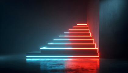 Vibrant 3D Rendered Neon Staircase on Dark Background: Creative Abstract Commercial Design with Glowing Red and Blue Color Scheme. Futuristic Concept for Advertising