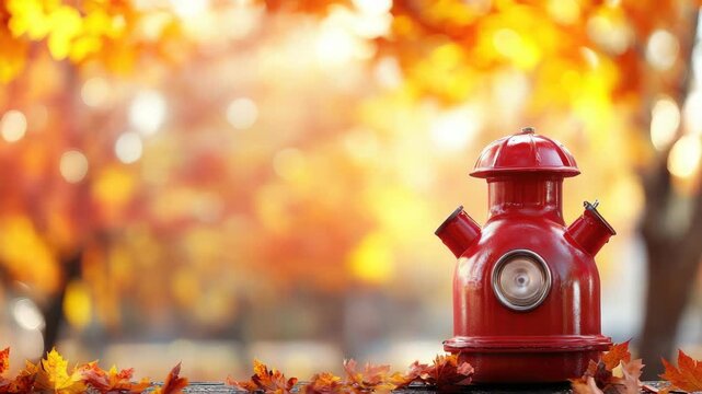 Red fire hydrant against backdrop of autumn leaves