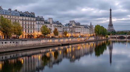 Naklejka premium Paris Skyline Reflecting in the River Seine at Dusk with Classic Architecture and Eiffel Tower