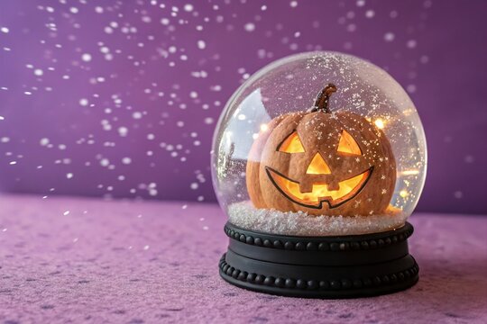 jack o lantern inside glass snow globe. Autumn winter transition