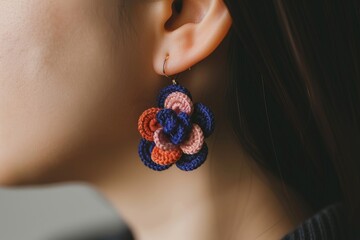 Product photo, Earrings, A woman wears a small size flower crochet earrings, Commercial advertising photography.