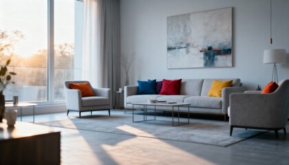 Obraz premium Modern Living Room with Stylish Decor, Natural Light, and Contemporary Furniture for Interior Design