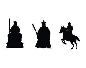 Silhouettes of ancient chinese warriors and a regal figure in traditional attire against a white background