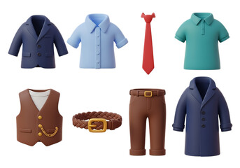 3d icon of collection of 3d rendered clothing items and accessories, isolated on transparent background