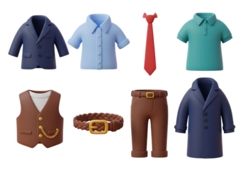 3d icon of collection of 3d rendered clothing items and accessories, isolated on transparent background