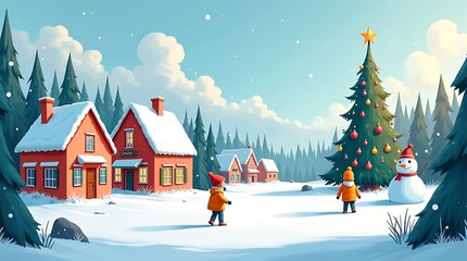 Fototapeta premium A comforting village scene where children made a snowman