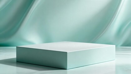Fototapeta premium Minimalist Product Display Podium: Square Platform with Soft, Elegant, Green Fabric Backdrop for Advertising and Showcase