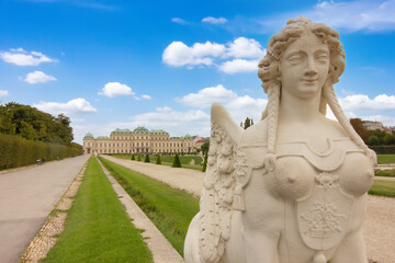 A sphinx statue located in the gardens of the Belvedere Palace in Vienna, Austria