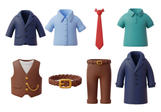 3d icon of collection of 3d rendered clothing items and accessories, isolated on transparent background