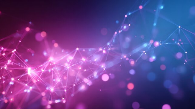 Abstract Digital Network Background with Connected Polygons, Nodes, and Lines in Blue and Pink Tones