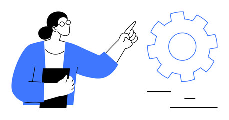 Person wearing glasses holding clipboard and pointing at large gear. Ideal for strategy, engineering, teamwork, planning, workflow, education, brainstorming, simple landing page