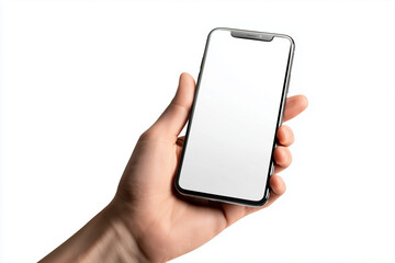 Close-up of a hand holding a smartphone with blank white screen isolated on white background — ideal mockup for apps, UI design and marketing