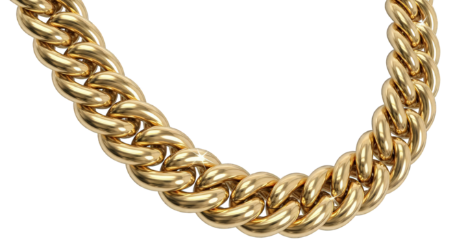 Close up of a thick gold chain isolated on transparent background, a symbol of wealth